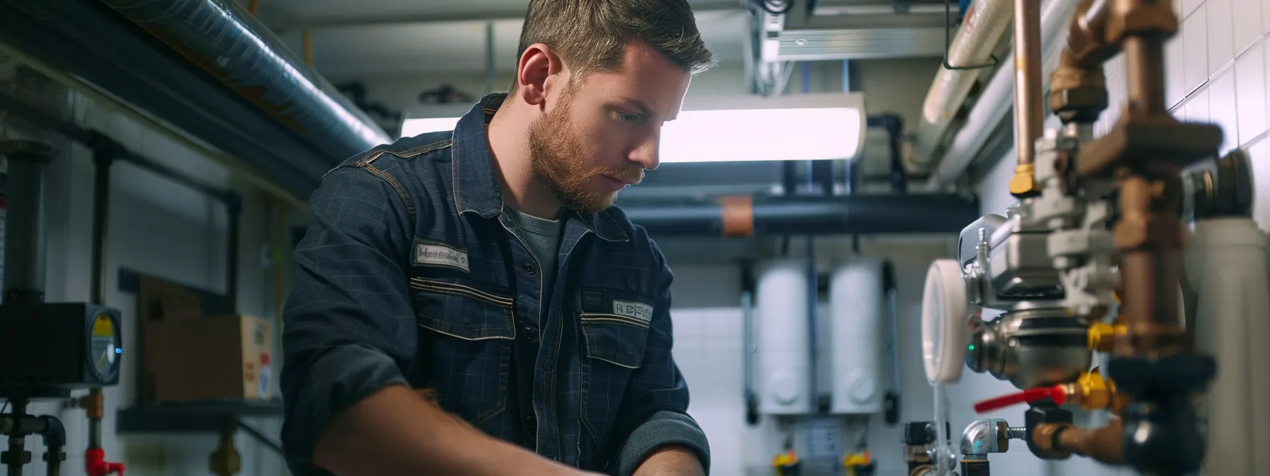 a plumber inspects pipes amid signs of a plumbing emergency.